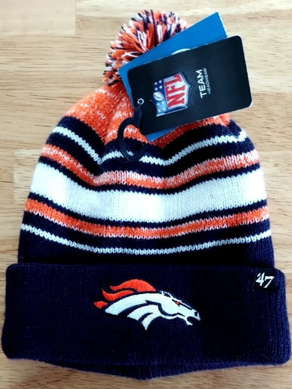 Denver Broncos Kids Hat Blue Orange Stripe Knit Roll Cuff Pom Embroidered Logo